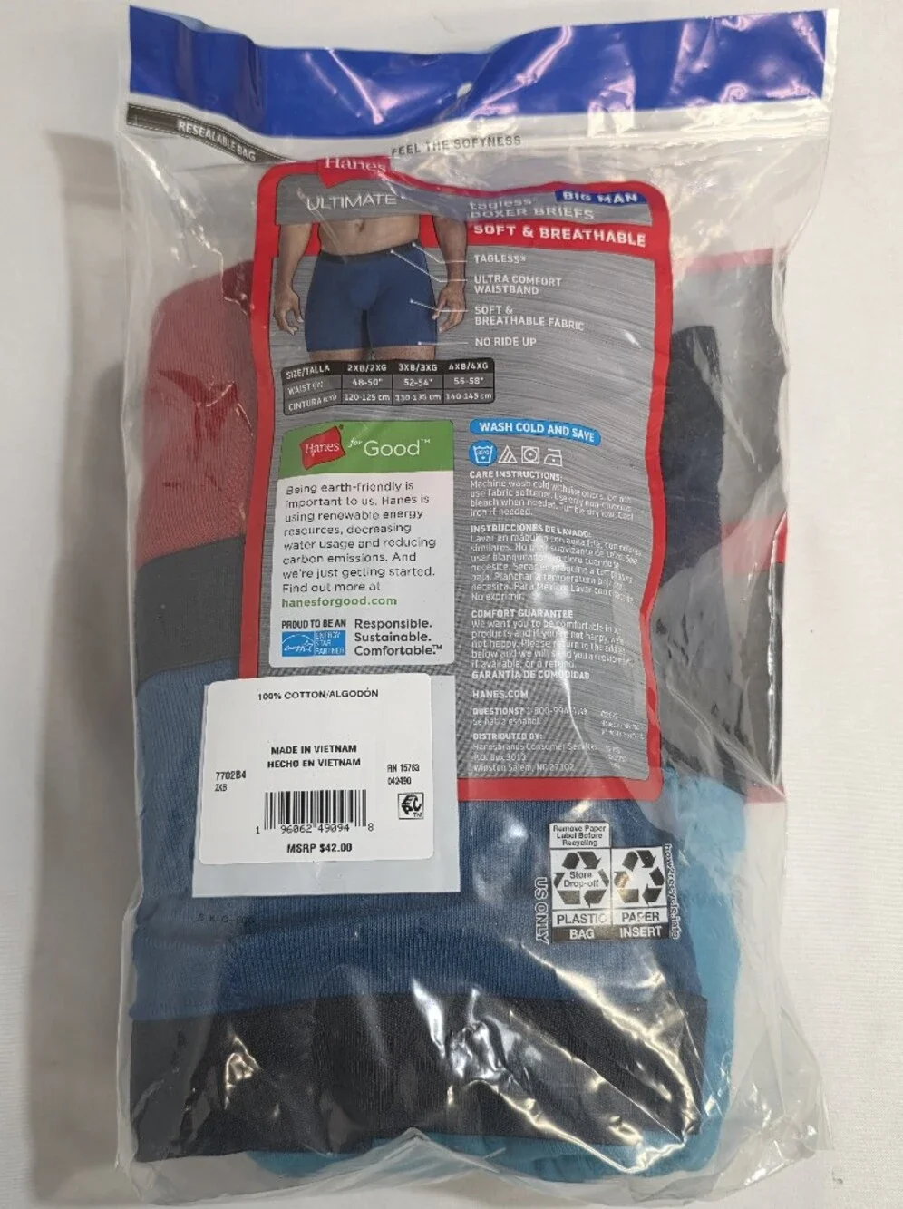 Hanes Mens Big & Tall Ultimate 4-Pack Tagless Boxer Briefs Mens Size 2XB New